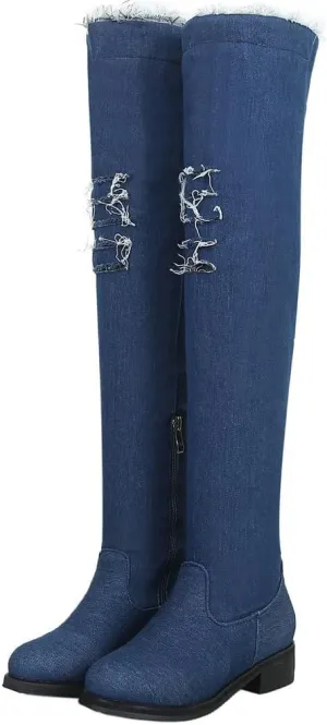 DINTAHA Denim Thigh High Boots Flat Thigh High Boots Low Heel Long Boots Chunky Heel Over The Knee Boots