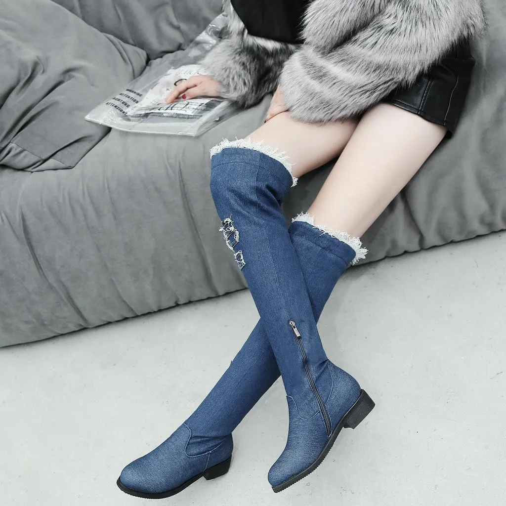 DINTAHA Denim Thigh High Boots Flat Thigh High Boots Low Heel Long Boots Chunky Heel Over The Knee Boots