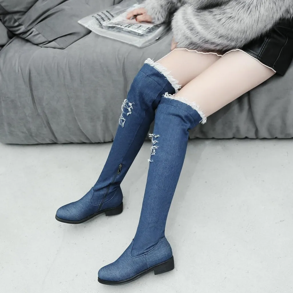 DINTAHA Denim Thigh High Boots Flat Thigh High Boots Low Heel Long Boots Chunky Heel Over The Knee Boots