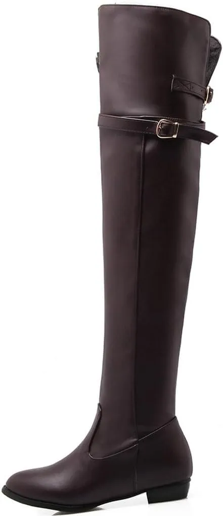 DINTAHA Long Thigh High Boots Flat Leather Thigh High Low Heel Boots Over The Knee Boots