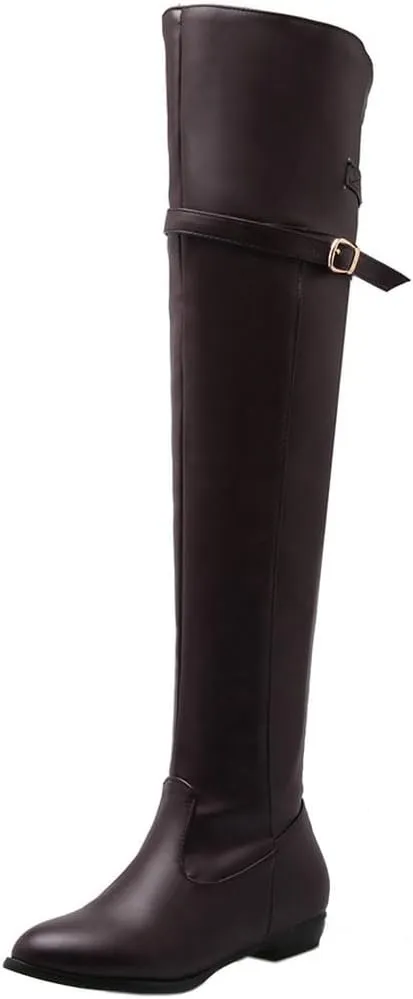 DINTAHA Long Thigh High Boots Flat Leather Thigh High Low Heel Boots Over The Knee Boots