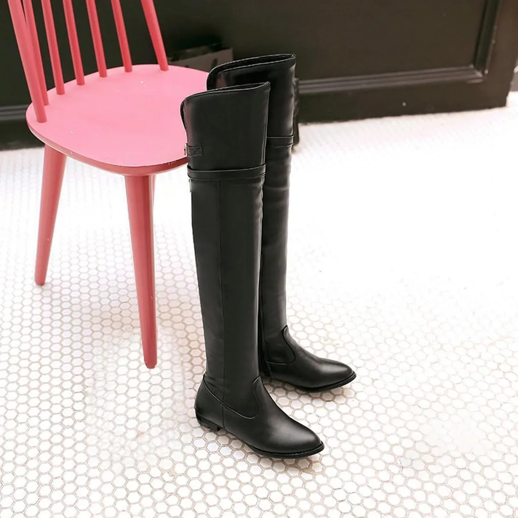 DINTAHA Long Thigh High Boots Flat Leather Thigh High Low Heel Boots Over The Knee Boots