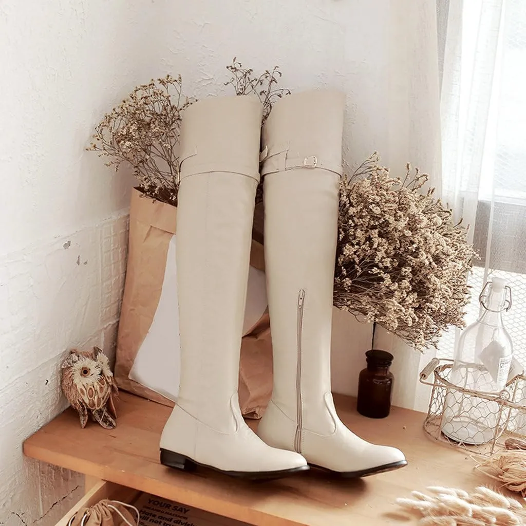 DINTAHA Long Thigh High Boots Flat Leather Thigh High Low Heel Boots Over The Knee Boots