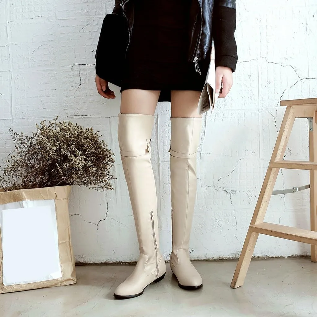 DINTAHA Long Thigh High Boots Flat Leather Thigh High Low Heel Boots Over The Knee Boots