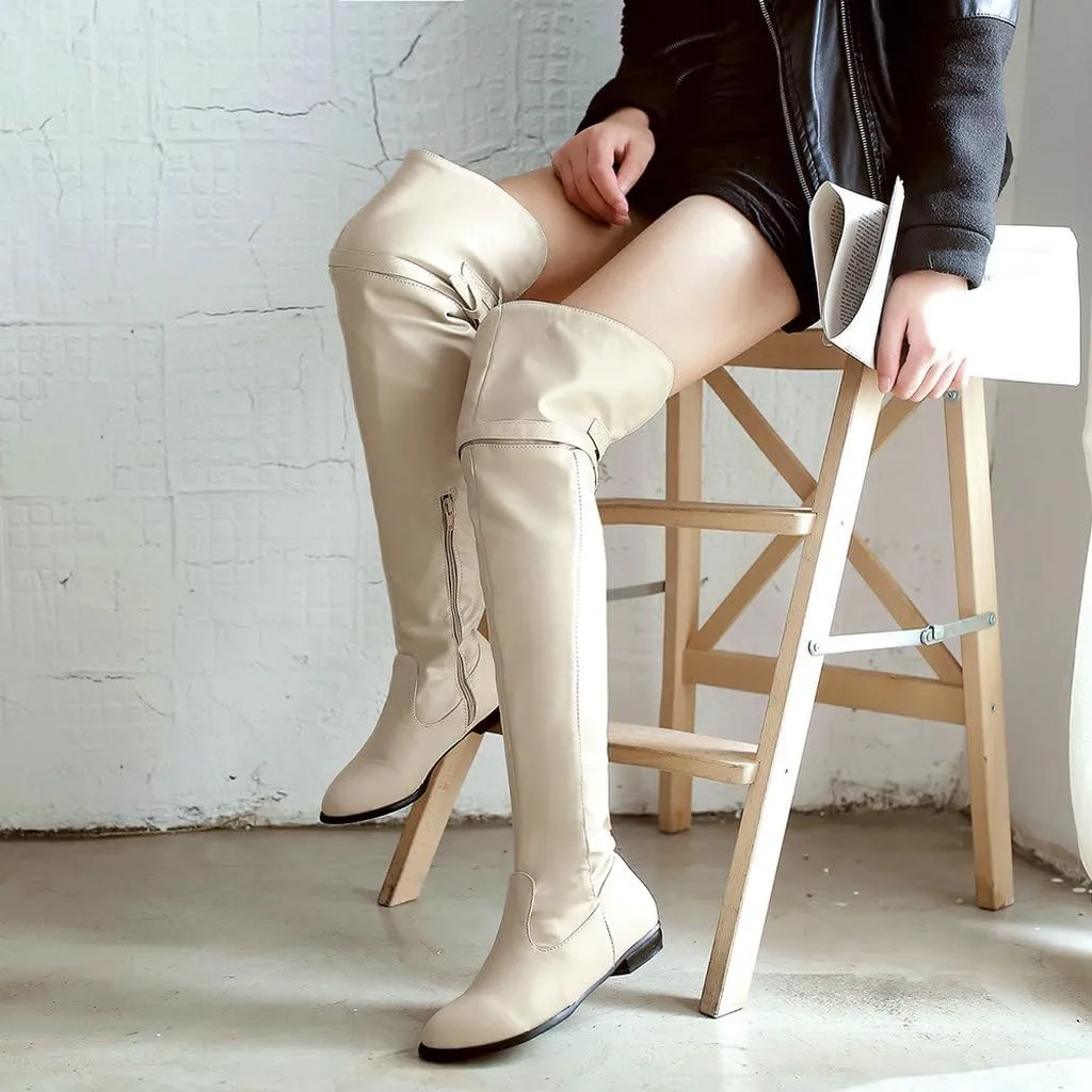 DINTAHA Long Thigh High Boots Flat Leather Thigh High Low Heel Boots Over The Knee Boots
