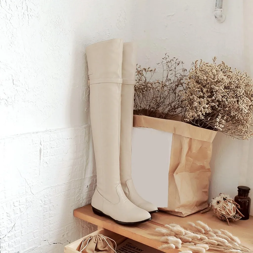 DINTAHA Long Thigh High Boots Flat Leather Thigh High Low Heel Boots Over The Knee Boots