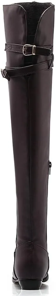 DINTAHA Long Thigh High Boots Flat Leather Thigh High Low Heel Boots Over The Knee Boots