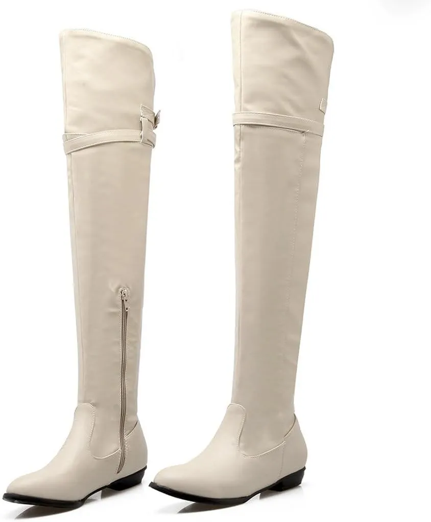 DINTAHA Long Thigh High Boots Flat Leather Thigh High Low Heel Boots Over The Knee Boots