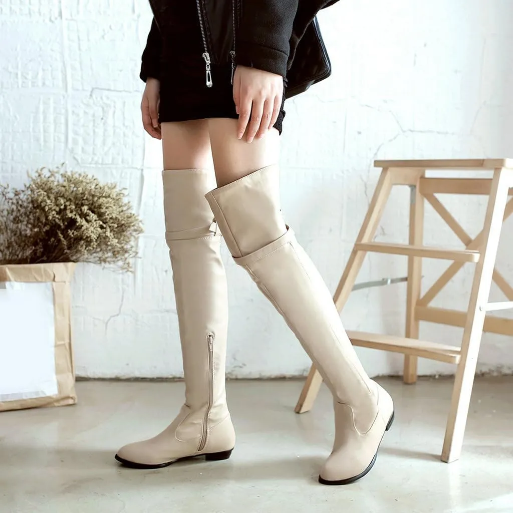 DINTAHA Long Thigh High Boots Flat Leather Thigh High Low Heel Boots Over The Knee Boots
