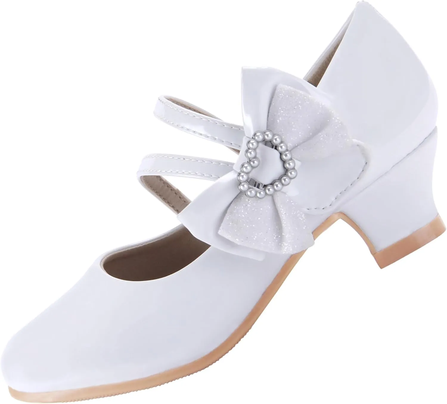 EIGHT KM Girls High Heel Dress Shoes Mary Jane Princess Wedding Party Pump Shoes EKM7035 Patent Leather Heart Pearl Bow White US Little Kid Size 13