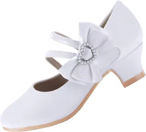 EIGHT KM Girls High Heel Dress Shoes Mary Jane Princess Wedding Party Pump Shoes EKM7035 Patent Leather Heart Pearl Bow White US Little Kid Size 13