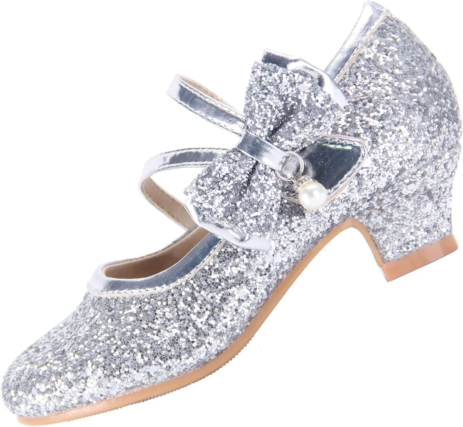 EIGHT KM Girls High Heel Dress Shoes Mary Jane Princess Wedding Party Pump Shoes EKM7035 Sparkle Glittery Crystal Pearl Bow Silver US Toddler Size 8