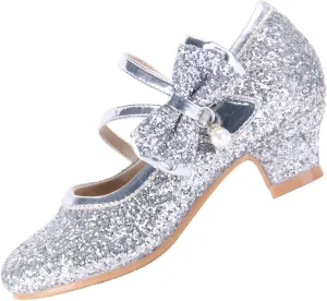 EIGHT KM Girls High Heel Dress Shoes Mary Jane Princess Wedding Party Pump Shoes EKM7035 Sparkle Glittery Crystal Pearl Bow Silver US Toddler Size 8