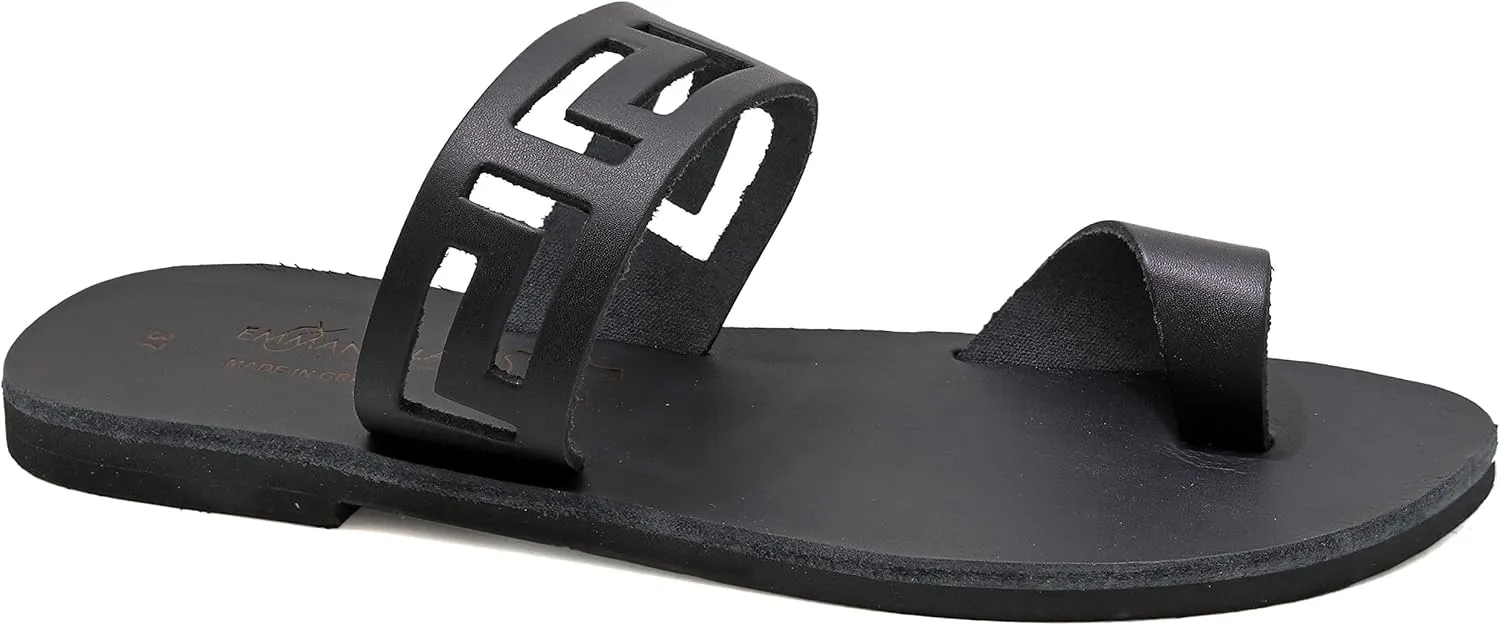 Emmanuela Ancient Greek Handmade Leather Flat Toe Ring Sandals, Quality Slide on Strappy Sandals, Quality Slide on Summer Shoes for Women, Open Toe Sliders, Boho Chic Mules