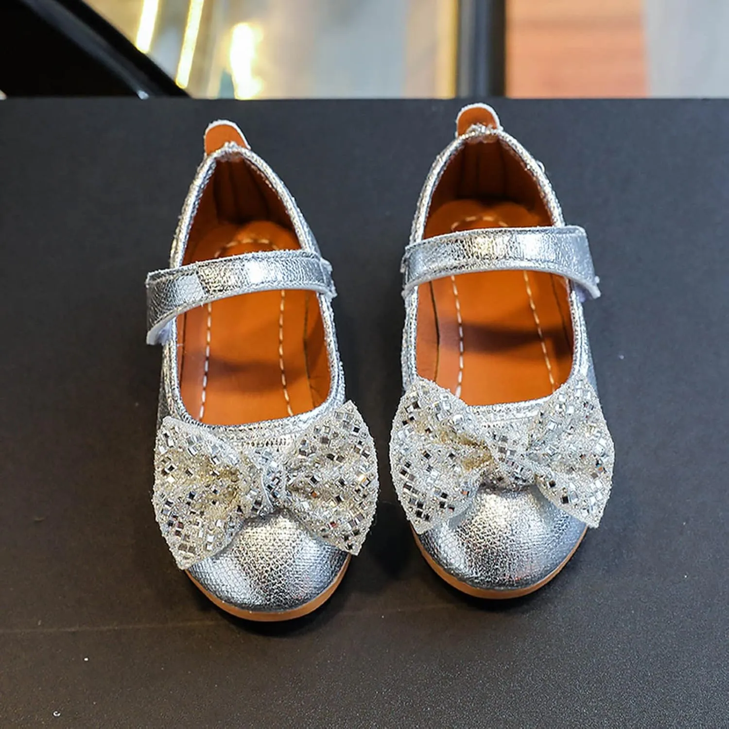 Fashion Autumn Girls Casual Shoes Flat Light Solid Color Sequin Bow Cute Shiny Dress Shoes Girls Mary Jane Shoes (Silver, 2.5-3 Years Toddler)