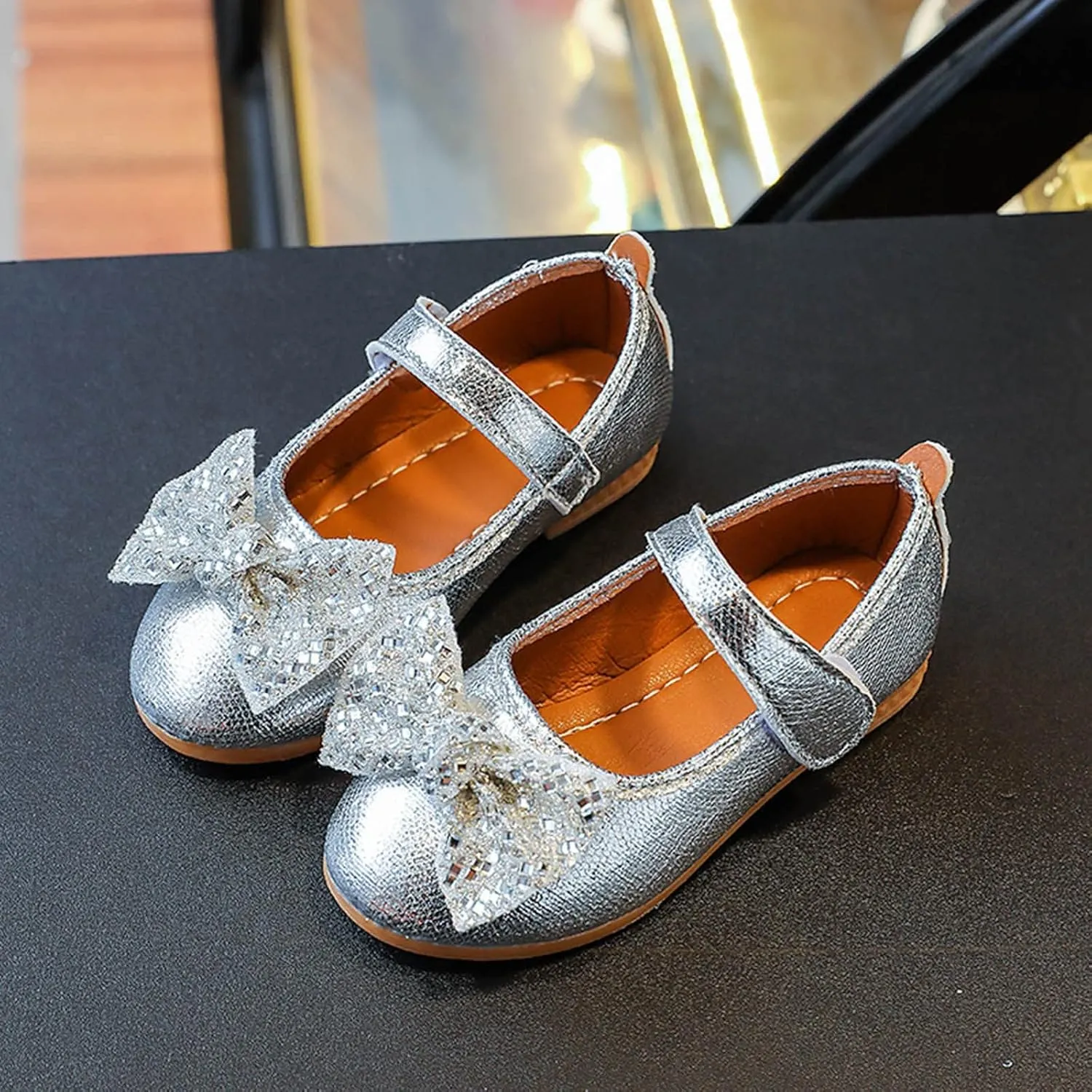 Fashion Autumn Girls Casual Shoes Flat Light Solid Color Sequin Bow Cute Shiny Dress Shoes Girls Mary Jane Shoes (Silver, 2.5-3 Years Toddler)