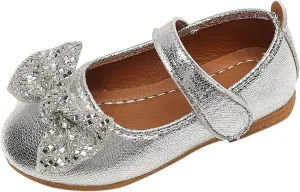 Fashion Autumn Girls Casual Shoes Flat Light Solid Color Sequin Bow Cute Shiny Dress Shoes Girls Mary Jane Shoes (Silver, 2.5-3 Years Toddler)