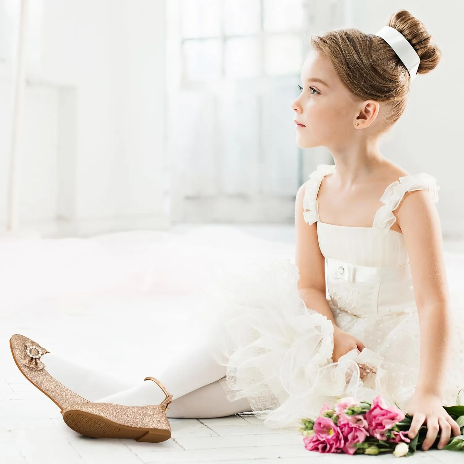 FUDYNMALC Girls Dress Shoes Ballet: Rhinestones Bow Princess Flats for Toddle Little Big Kids Mary Jane Footwear Wedding Party