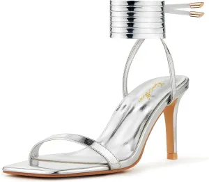 GENSHUO Women Strappy Heeled Sandals 3.14 inch Stilettos Lace Up Square Open Toe High Heels Sandals for Party, Prom