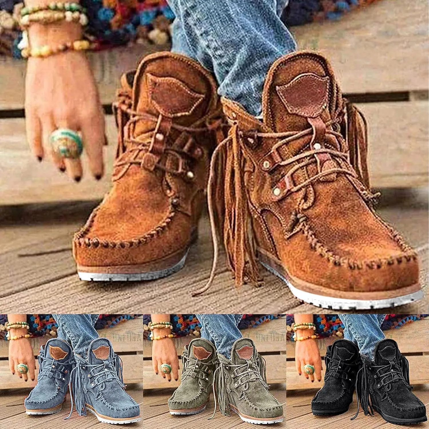 Gibobby Boots for Women Wide Calf,Retro Boots Comfy Flat Bottom Increased Combat Booties Outdoor Fringe Western Shoes