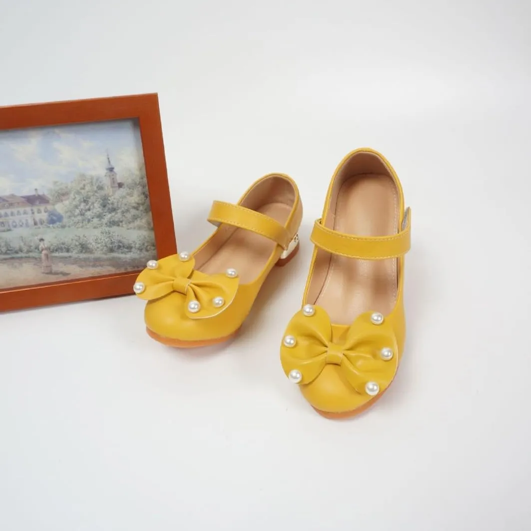 Girls Dress Shoes Mary Jane Low Heels Party Wedding Prom Footwear with Bow and Peals for Toddler Little Big Kids