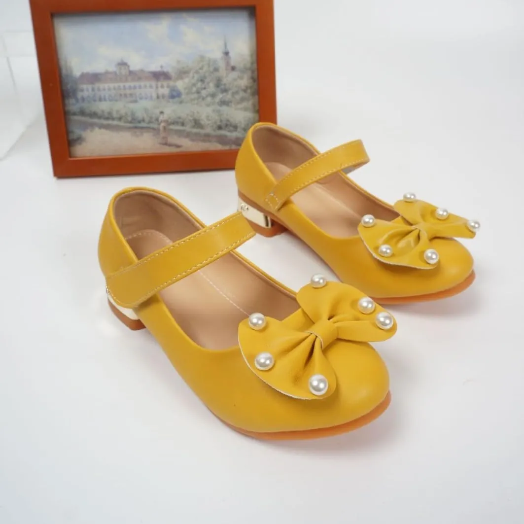 Girls Dress Shoes Mary Jane Low Heels Party Wedding Prom Footwear with Bow and Peals for Toddler Little Big Kids
