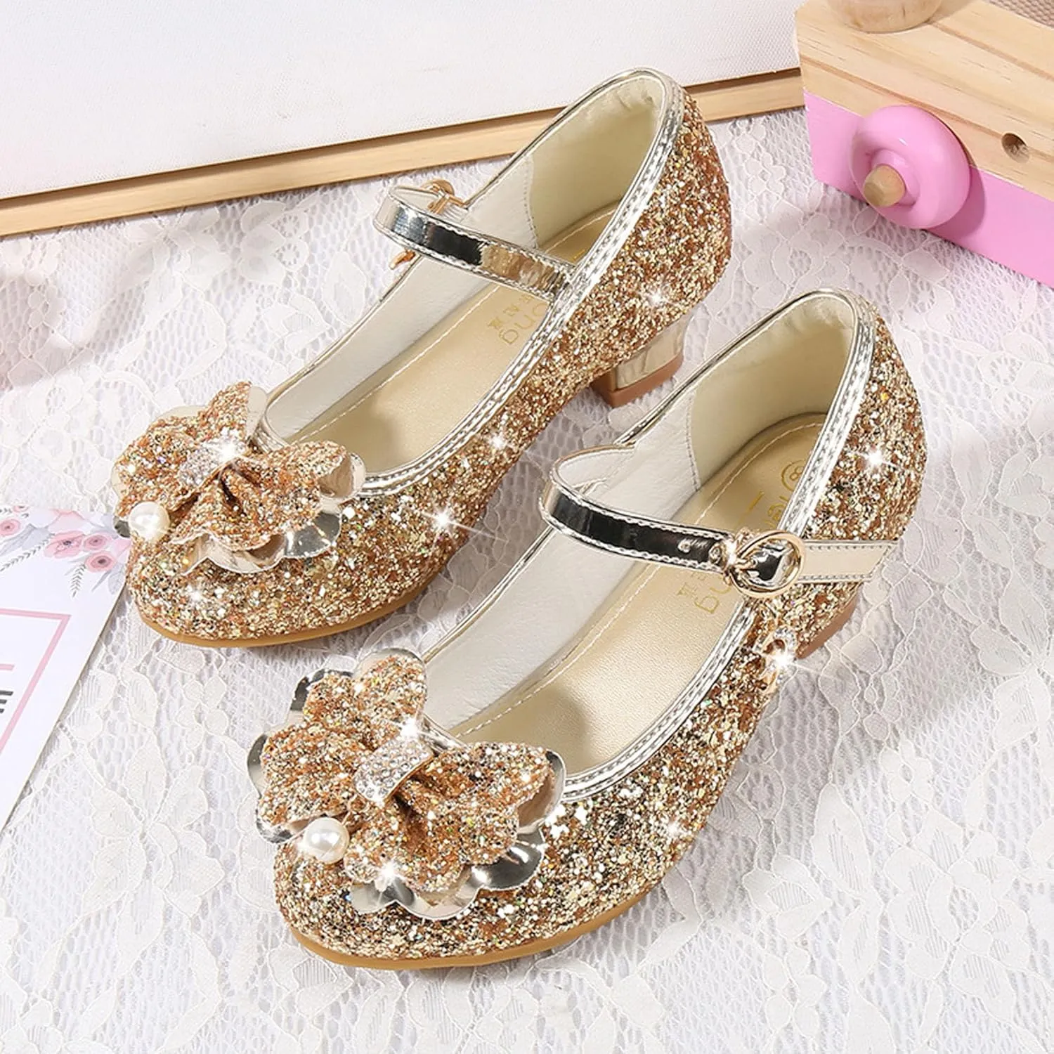 Girls Low Heels Bowknot Gold Children's Fashion Performance Comfortable Non-Slip Sequins Princess Shoes