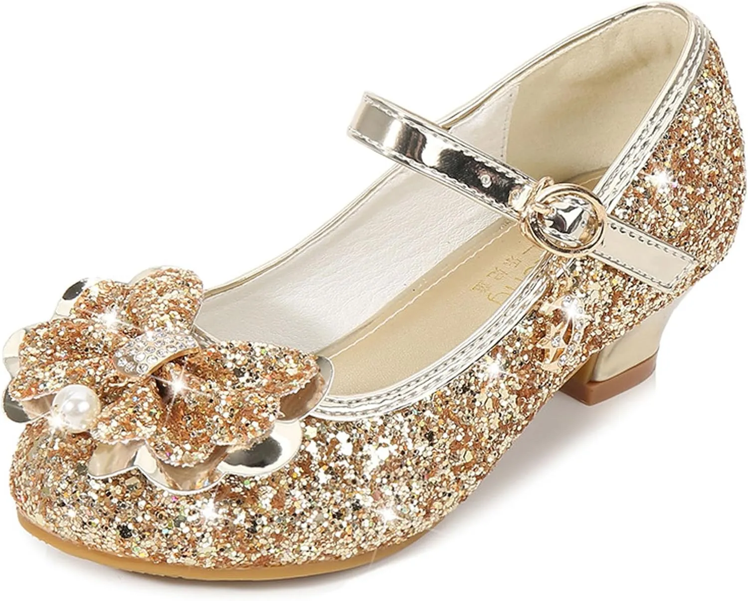 Girls Low Heels Bowknot Gold Children's Fashion Performance Comfortable Non-Slip Sequins Princess Shoes