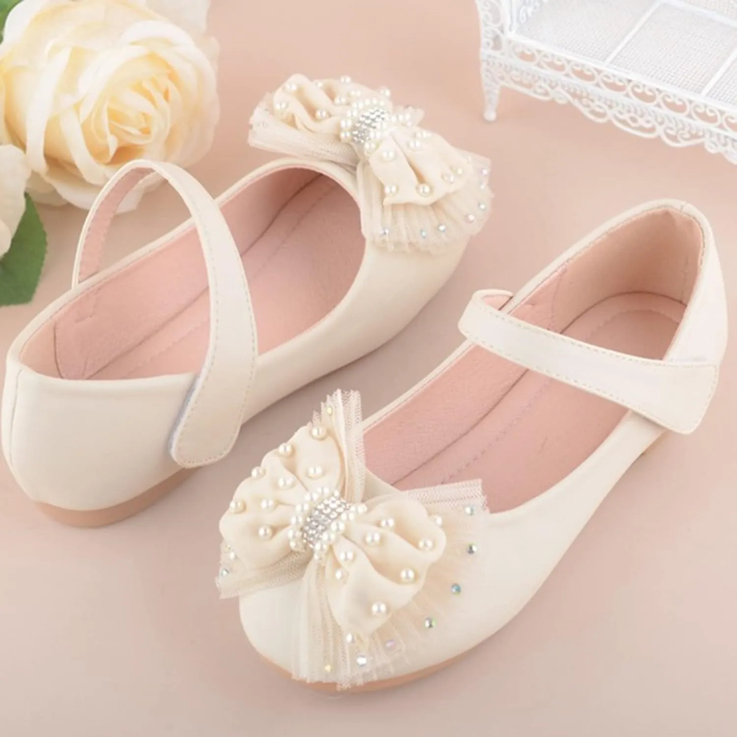 Girls Mary Jane Front Beads Bowknot Ballerina Flat Shoes Flower Wedding Party Bridesmaids Shoes Princess Ballet Flats
