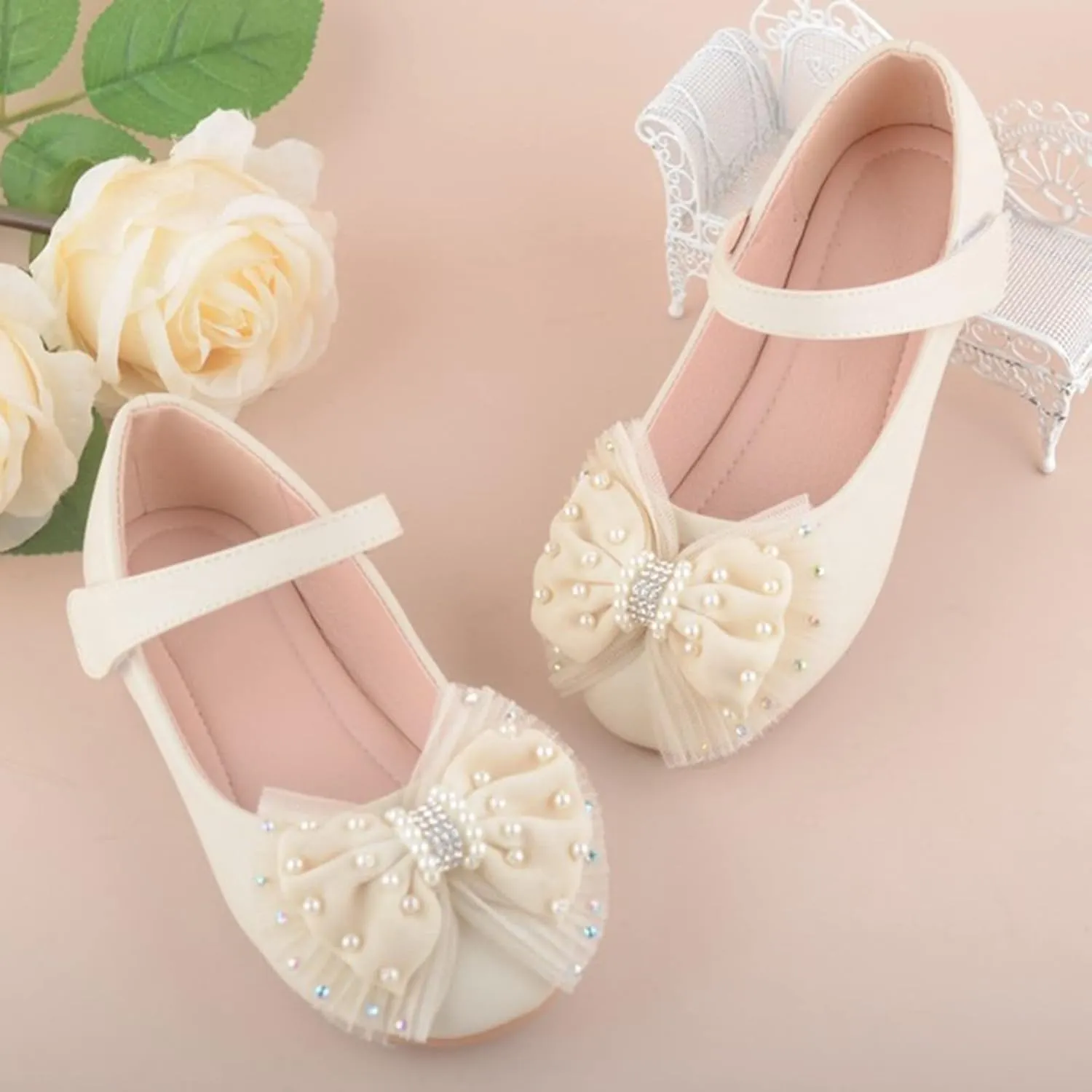 Girls Mary Jane Front Beads Bowknot Ballerina Flat Shoes Flower Wedding Party Bridesmaids Shoes Princess Ballet Flats