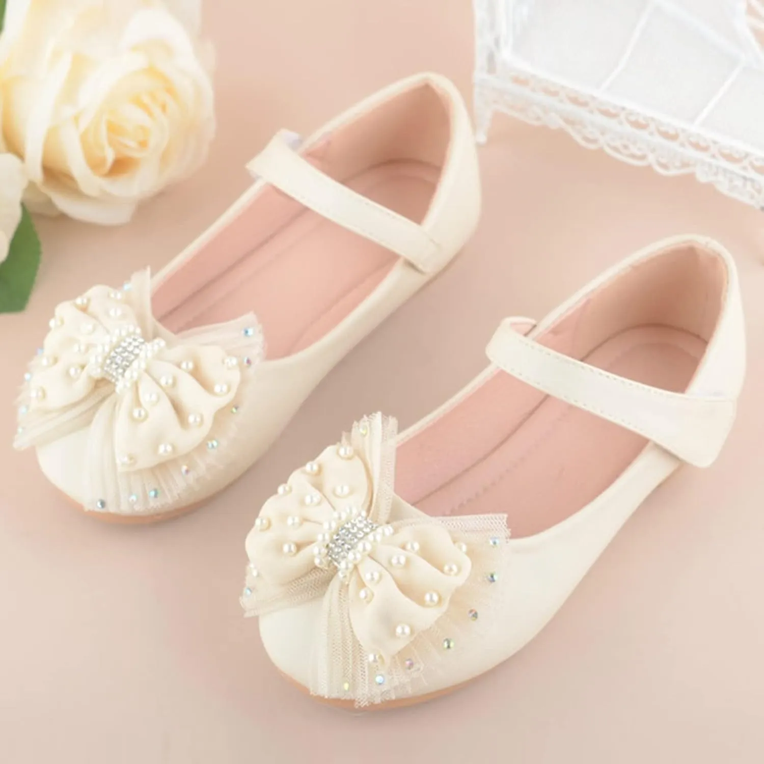 Girls Mary Jane Front Beads Bowknot Ballerina Flat Shoes Flower Wedding Party Bridesmaids Shoes Princess Ballet Flats