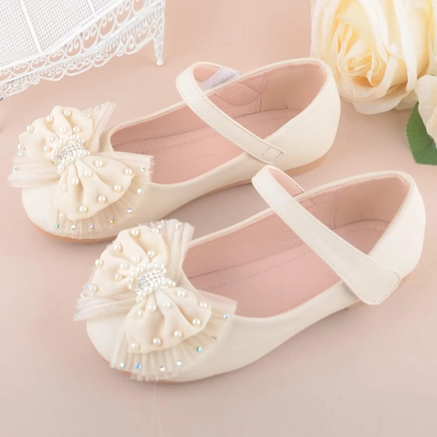 Girls Mary Jane Front Beads Bowknot Ballerina Flat Shoes Flower Wedding Party Bridesmaids Shoes Princess Ballet Flats