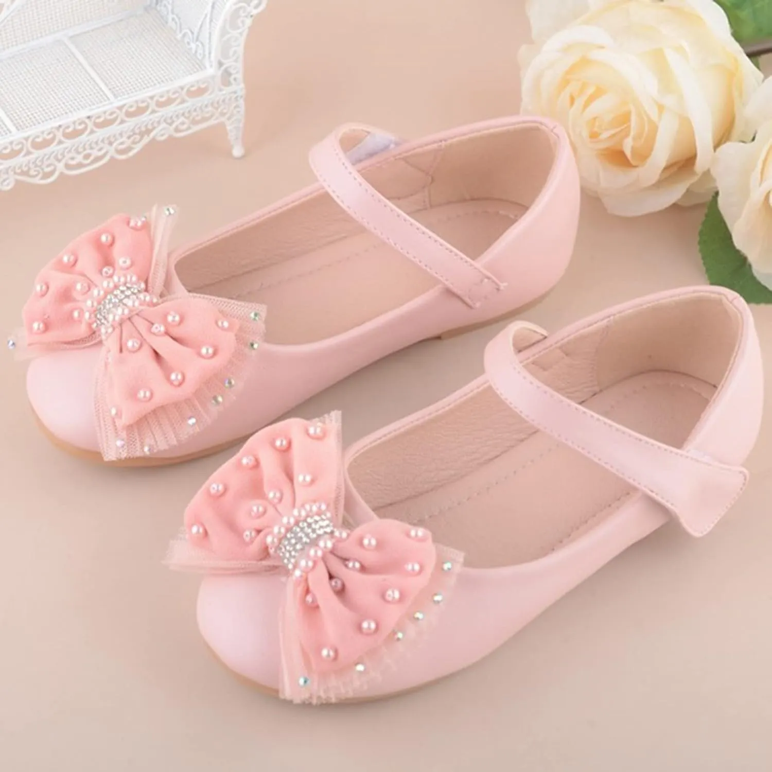 Girls Mary Jane Front Beads Bowknot Ballerina Flat Shoes Flower Wedding Party Bridesmaids Shoes Princess Ballet Flats