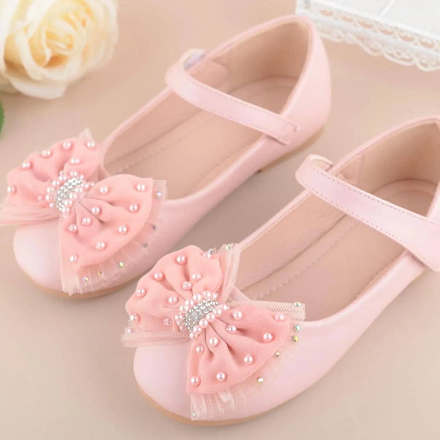 Girls Mary Jane Front Beads Bowknot Ballerina Flat Shoes Flower Wedding Party Bridesmaids Shoes Princess Ballet Flats