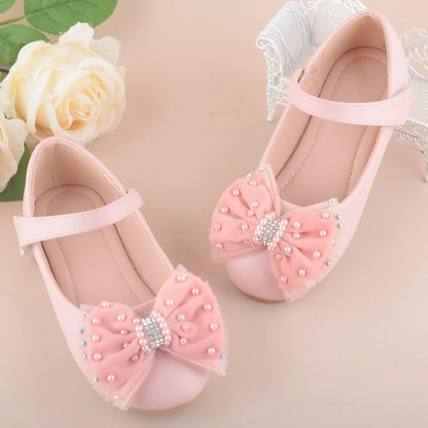 Girls Mary Jane Front Beads Bowknot Ballerina Flat Shoes Flower Wedding Party Bridesmaids Shoes Princess Ballet Flats