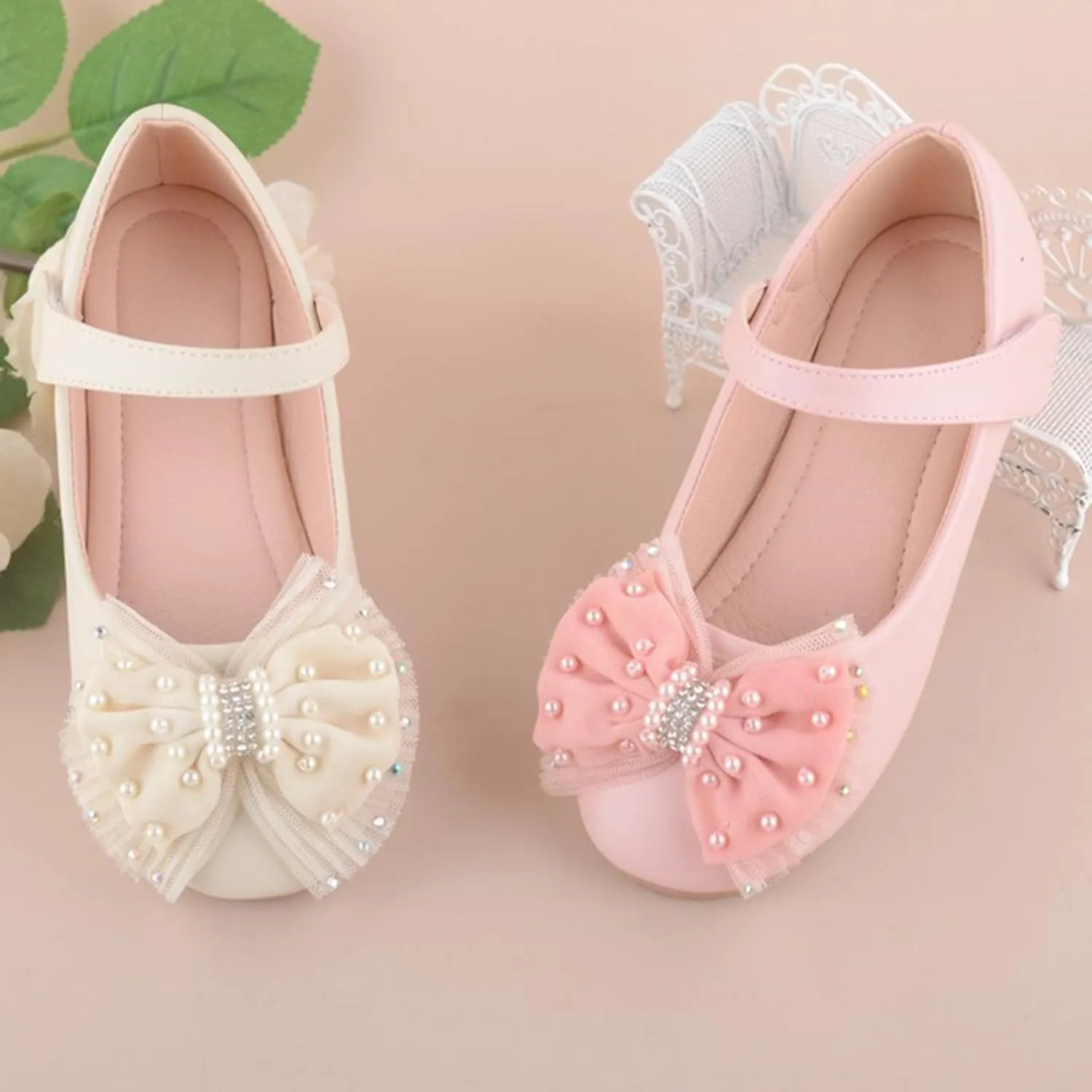 Girls Mary Jane Front Beads Bowknot Ballerina Flat Shoes Flower Wedding Party Bridesmaids Shoes Princess Ballet Flats