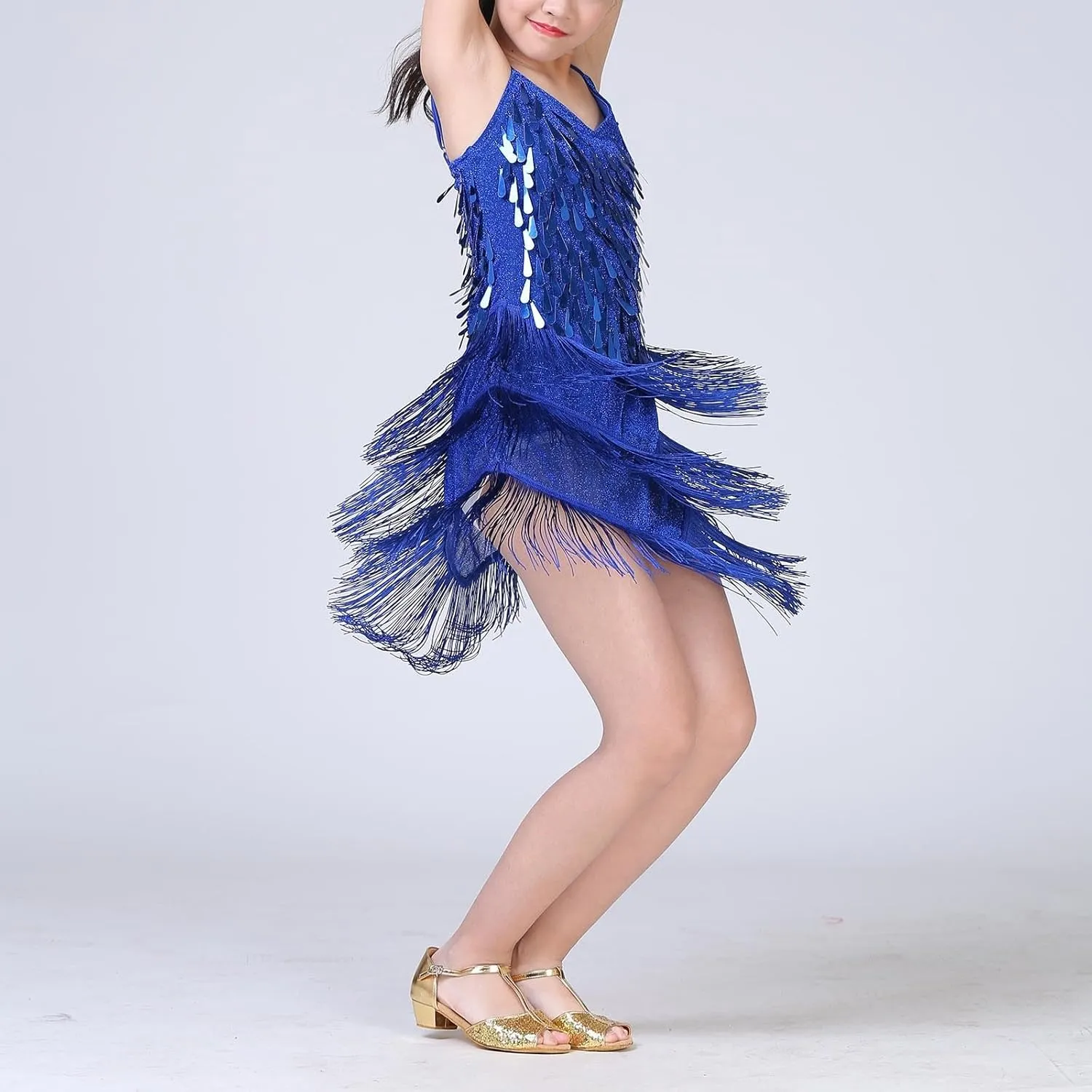 Girls Sequin Fringe Dress Cha Cha Tassel Latin Dance Dress & Shorts, Adjustable Spaghetti Strap 5~13 Years