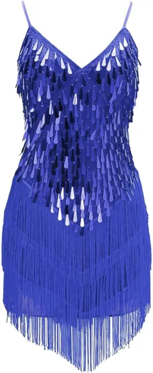 Girls Sequin Fringe Dress Cha Cha Tassel Latin Dance Dress & Shorts, Adjustable Spaghetti Strap 5~13 Years