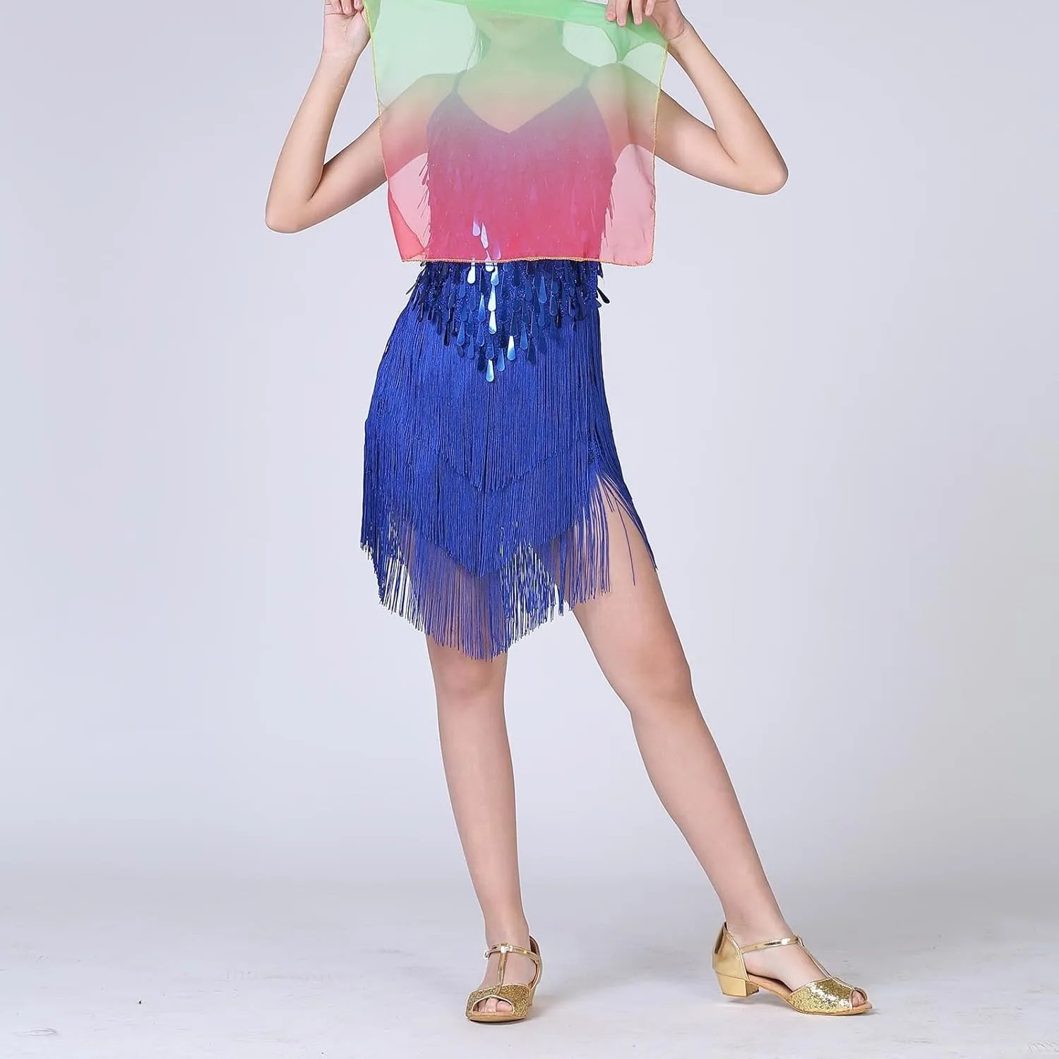 Girls Sequin Fringe Dress Cha Cha Tassel Latin Dance Dress & Shorts, Adjustable Spaghetti Strap 5~13 Years