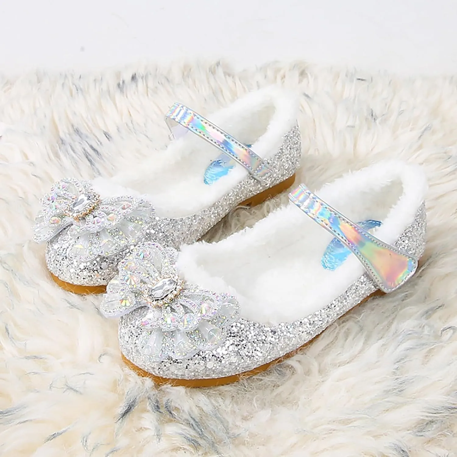 Girl's Warm Winter Mary Janes Glitter Sequins Mary Jane Flats Princess Shoes Cosplay Dress Wedding Party Shoes