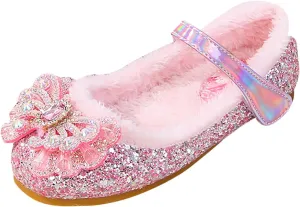 Girl's Warm Winter Mary Janes Glitter Sequins Mary Jane Flats Princess Shoes Cosplay Dress Wedding Party Shoes