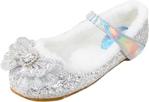 Girl's Warm Winter Mary Janes Glitter Sequins Mary Jane Flats Princess Shoes Cosplay Dress Wedding Party Shoes