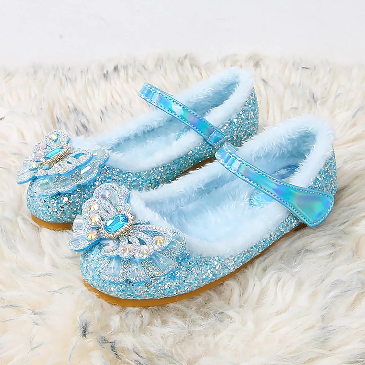 Girl's Warm Winter Mary Janes Glitter Sequins Mary Jane Flats Princess Shoes Cosplay Dress Wedding Party Shoes
