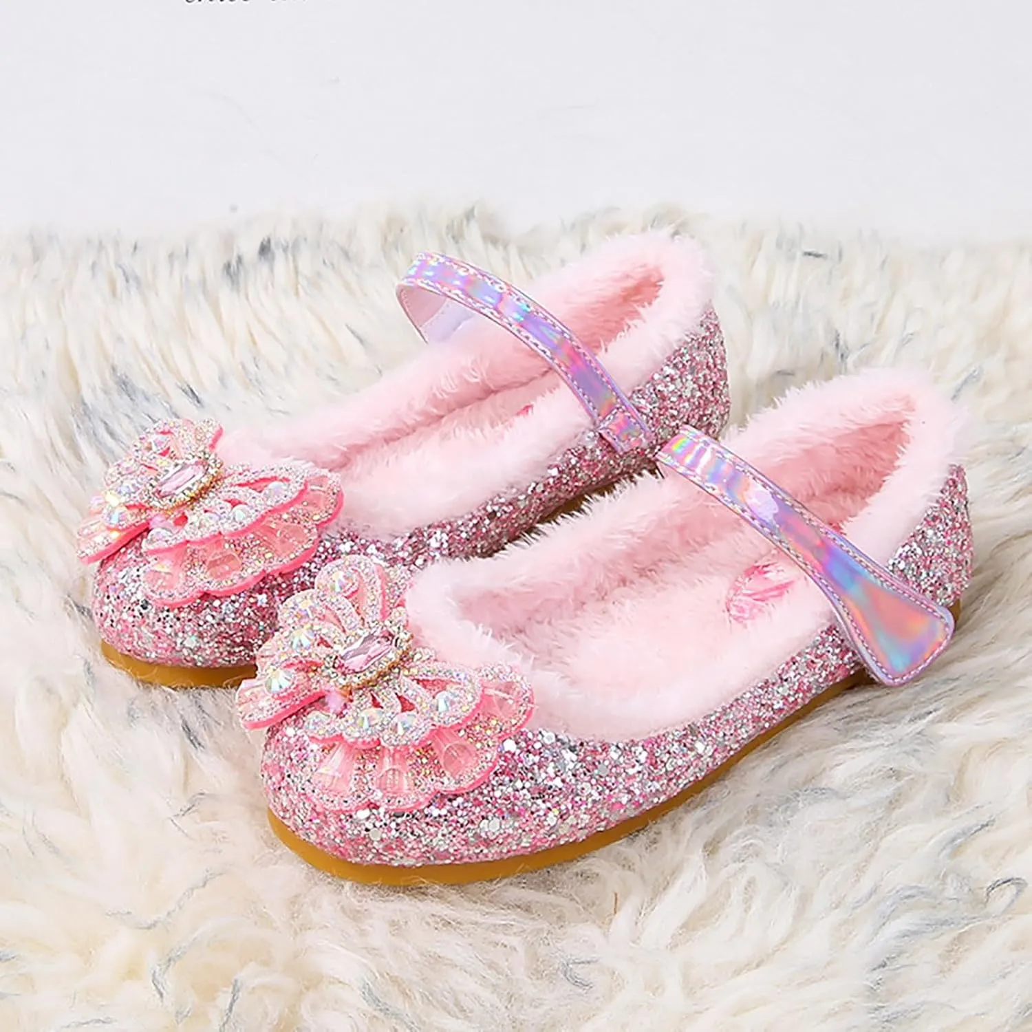Girl's Warm Winter Mary Janes Glitter Sequins Mary Jane Flats Princess Shoes Cosplay Dress Wedding Party Shoes