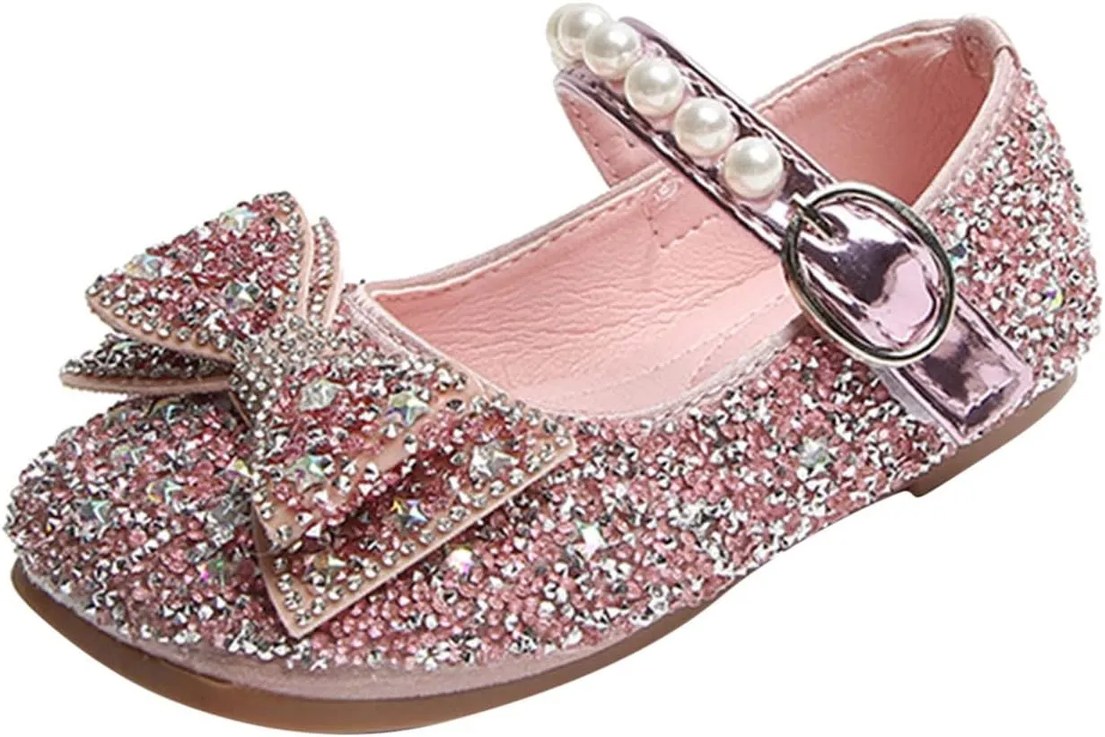 IWIHMIV Dress Up Shoes for Toddler Girls Pearl Rhinestone Bow Dress Shoes Princess Mary Jane Party Dress Shoes