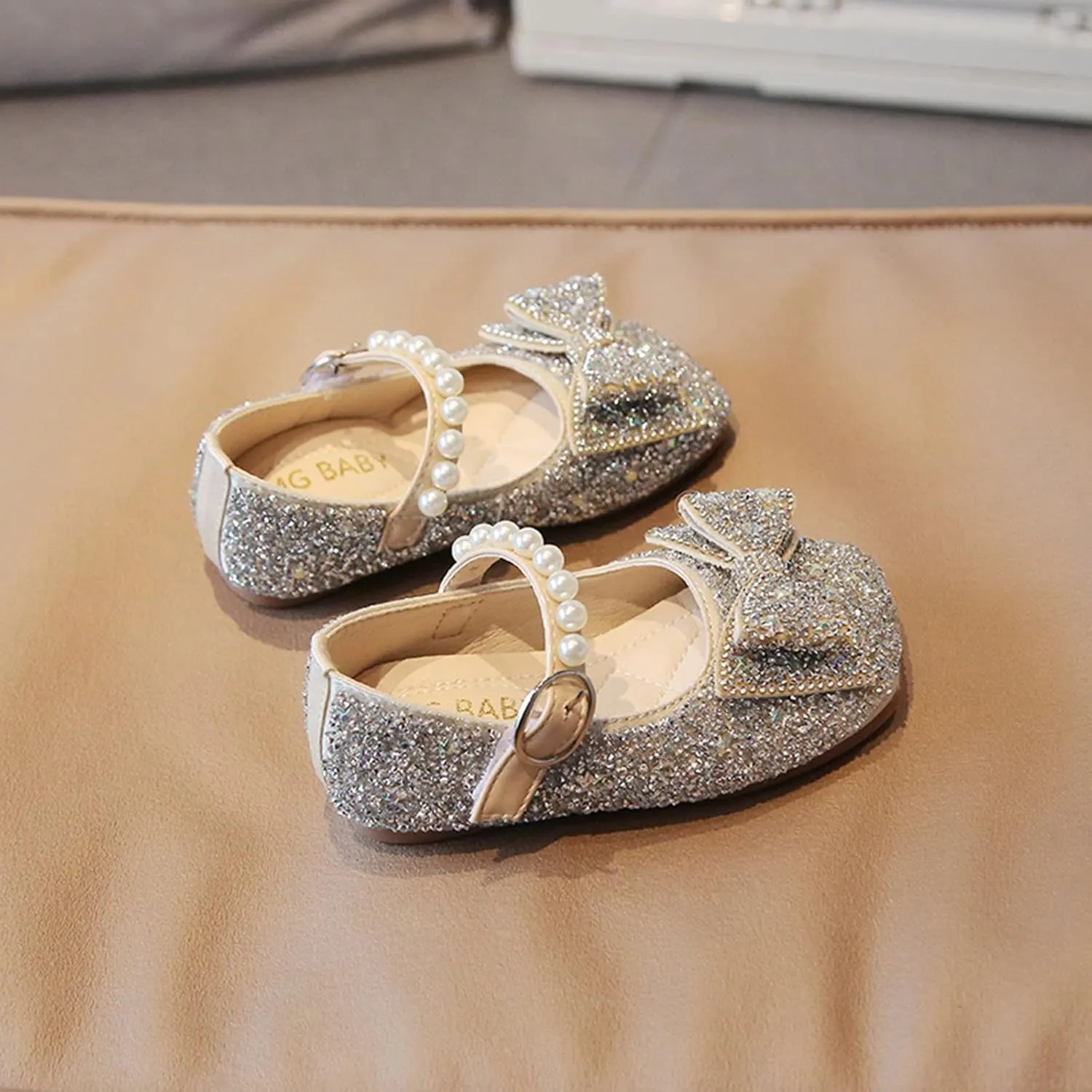 IWIHMIV Dress Up Shoes for Toddler Girls Pearl Rhinestone Bow Dress Shoes Princess Mary Jane Party Dress Shoes