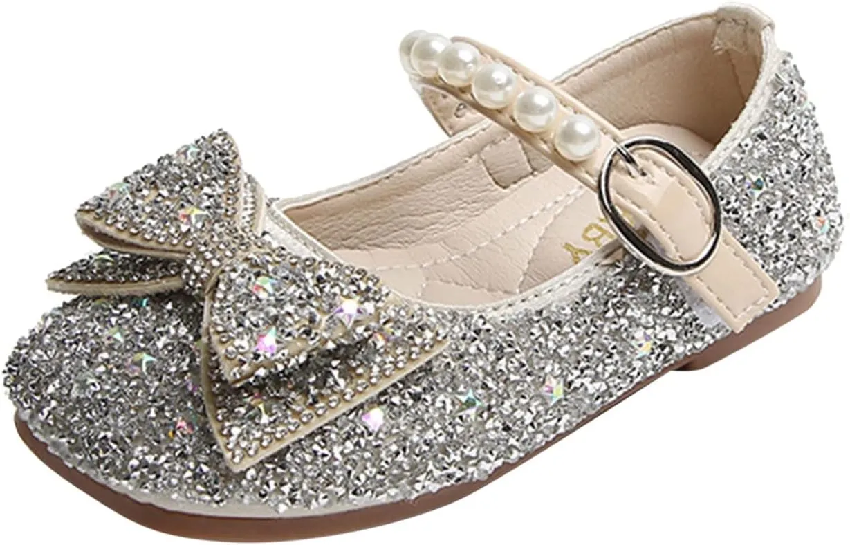 IWIHMIV Dress Up Shoes for Toddler Girls Pearl Rhinestone Bow Dress Shoes Princess Mary Jane Party Dress Shoes