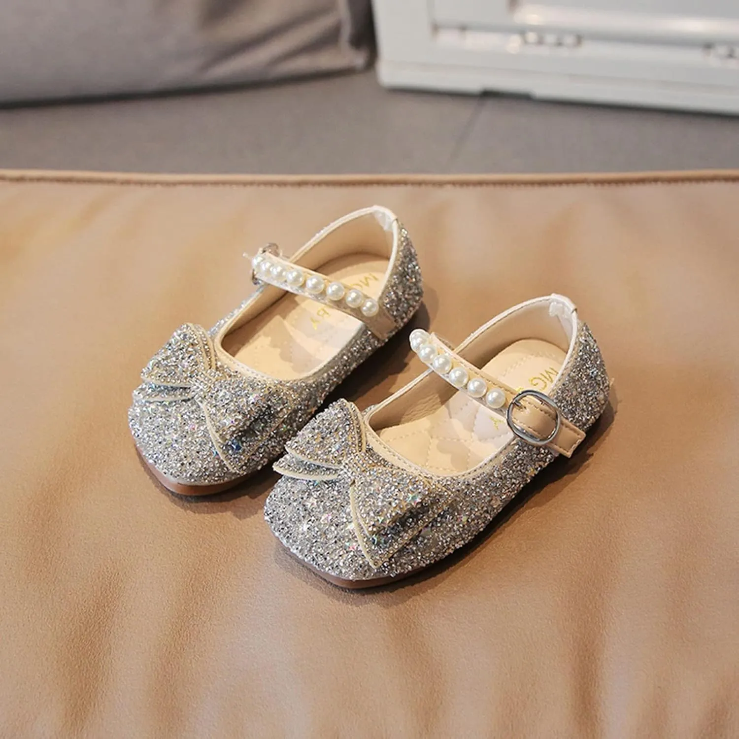 IWIHMIV Dress Up Shoes for Toddler Girls Pearl Rhinestone Bow Dress Shoes Princess Mary Jane Party Dress Shoes