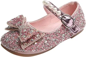 IWIHMIV Dress Up Shoes for Toddler Girls Pearl Rhinestone Bow Dress Shoes Princess Mary Jane Party Dress Shoes