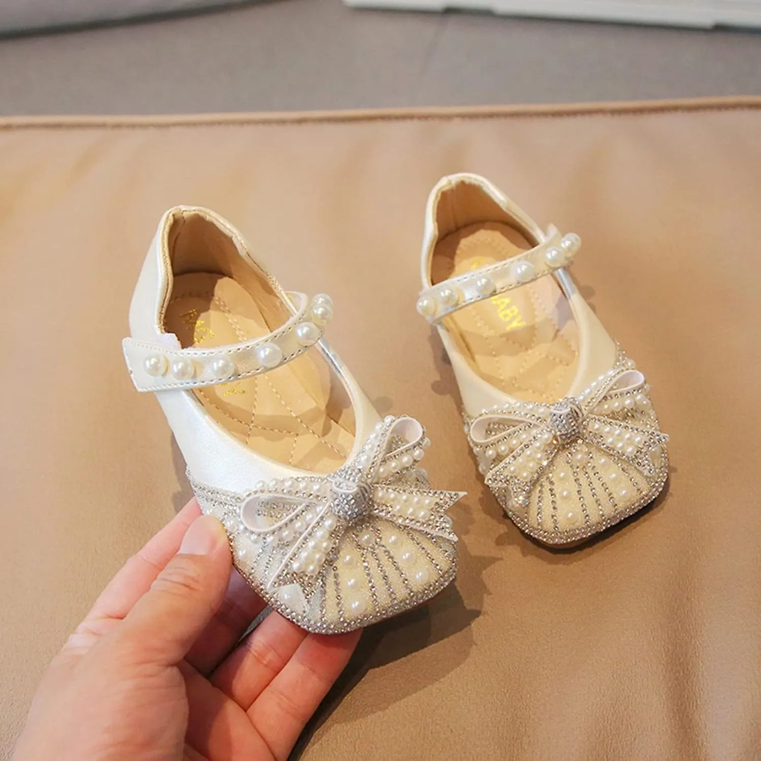 IWIHMIV Dress Up Shoes for Toddler Girls Pearl Rhinestone Bow Dress Shoes Princess Mary Jane Party Dress Shoes